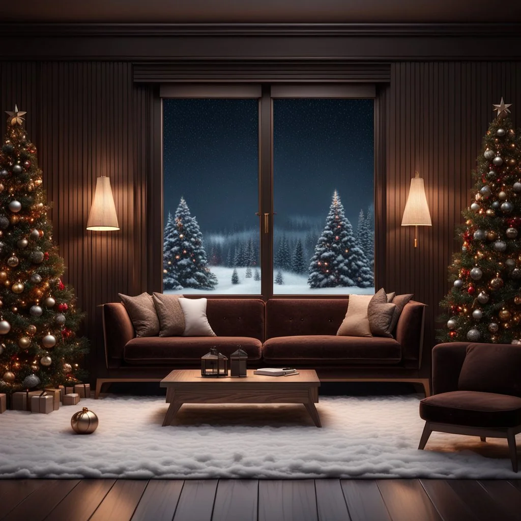 Hyper Realistic Dark Brown Living Room With Small Empty Wooden Frame & Fancy Velvet Furniture & Christmas Decoration at snowfall night from window view