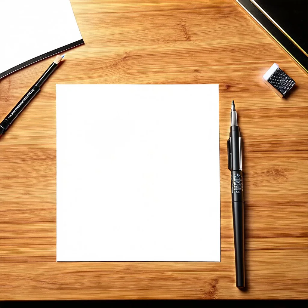 Art Studio Desk with a blank piece of papier, realistic art supplies, realistic drawing, top view, studio light, zoom out to see part of the desk.