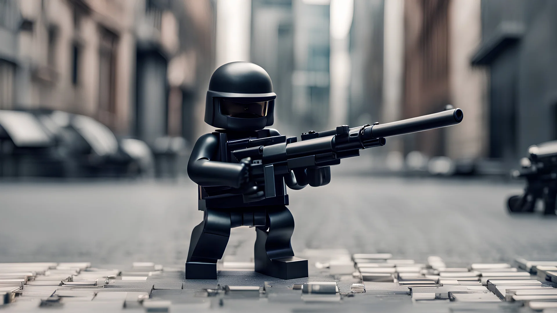 A more rounded lego man, all dressed in black military helmet and outfit, kneeling and aiming an m4 gun, in an urban environment