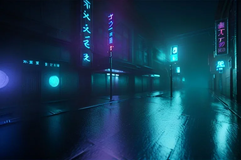 cinematic, night, Tokyo, dark, fog, high definition, blue neon lights, blender 3d