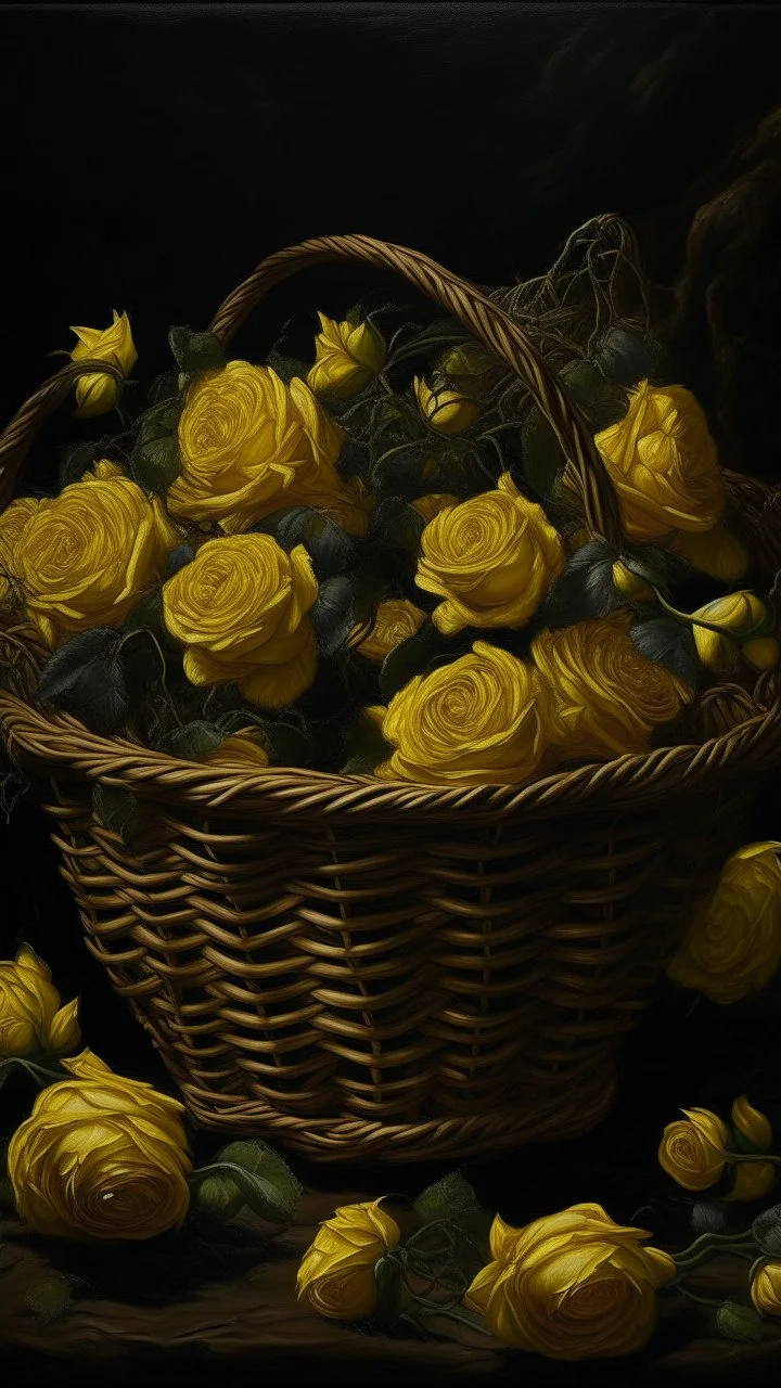 Bosch nightmares paining style Title:a basket full of yellow roses , 8k artistic photography, photorealistic concept art, soft natural volumetric cinematic perfect light, chiaroscuro, award-winning photograph, masterpiece, oil on canvas, Raphael, Caravaggio, Greg Rutkowski, people, beksinski, Giger
