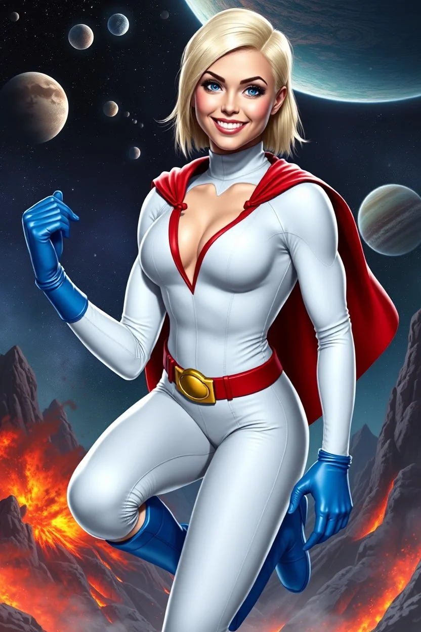 Karen Starr, full body, superhero landing pose, young athletic white female, crew cut bleach-blonde hair, blue eyes, thick black eyebrows, round face, semi-pointed chin, muscular build. Wearing white long-sleeved bodysuit with high collar with plunging neckline, blue elbow gloves, red belt with gold buckle, red cape, blue knee boots. Big smile. Background: outer space, planets, stars, galaxies, fire, explosions, volcanic lava, craggy peaks. Photorealistic