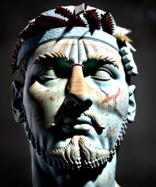 Ultra Realistic image, roman sculpture, marble deluxe material, Lionel Messi, Laurel leaves crown model, miguel angel style, chisel style, emperador, waist up portrait, cinematic lighting, God light, god rays, 4k resolution, smooth details, ornate details, soft lighting, unreal engine 5, soft cyan background.