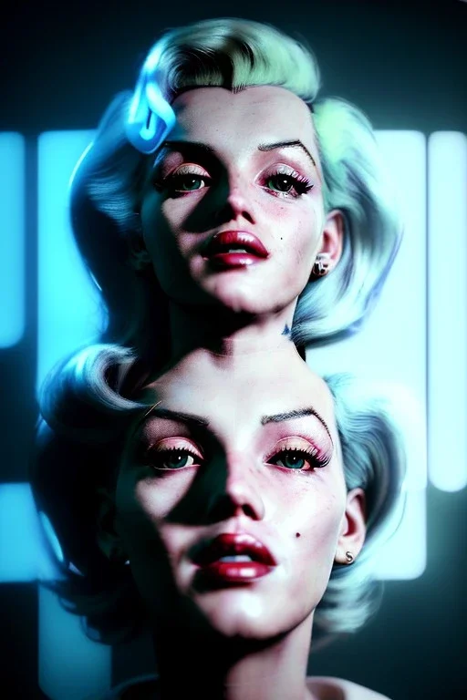 Ultra Realistic image, portrait, blonde woman, sweet Marylin Monroe face, perfect iris, glow eyes. Cyberpunk style, latex coat, yakuza tattoos. soft color, highly detailed, unreal engine 5, ray tracing, RTX, lumen lighting, ultra detail, volumetric lighting, 3d, finely drawn, high definition, high resolution.