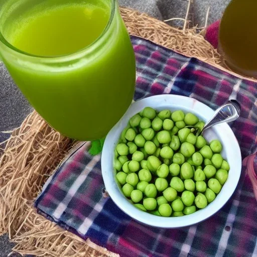 Green peas and apple cider on a beach in an M. C. Esher style