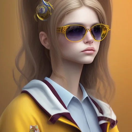 Girl with long wavy brown blond hair and yellow hawk eyes. Wears Hogwarts Hufflepuff uniform and sunglasses with a yellow clip.