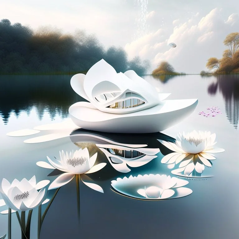 Floating house on the shore of a lake water plants and flowers Zaha Hadid style white ink art creamy glasses creative 8k