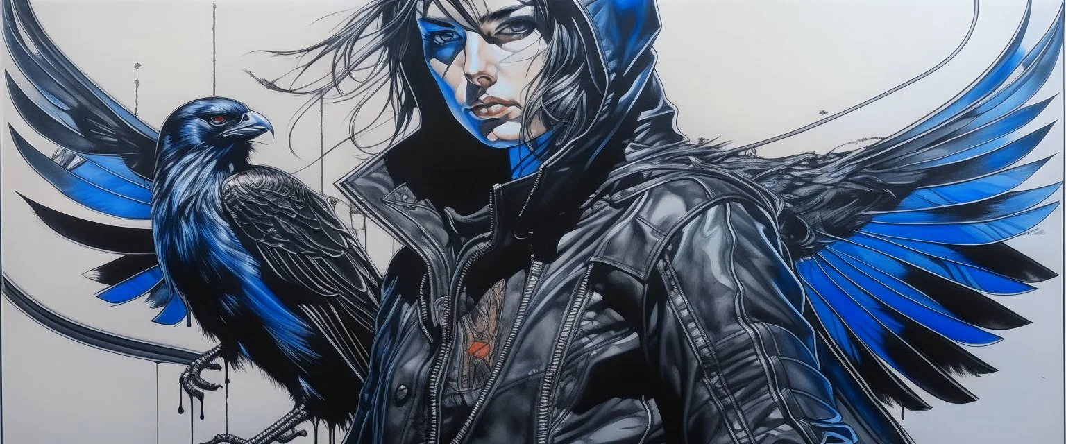 A contemporary serigraphy portrait by Sorayama of a crow adorned in a punk leather jacket within a cyberpunk atmosphere.