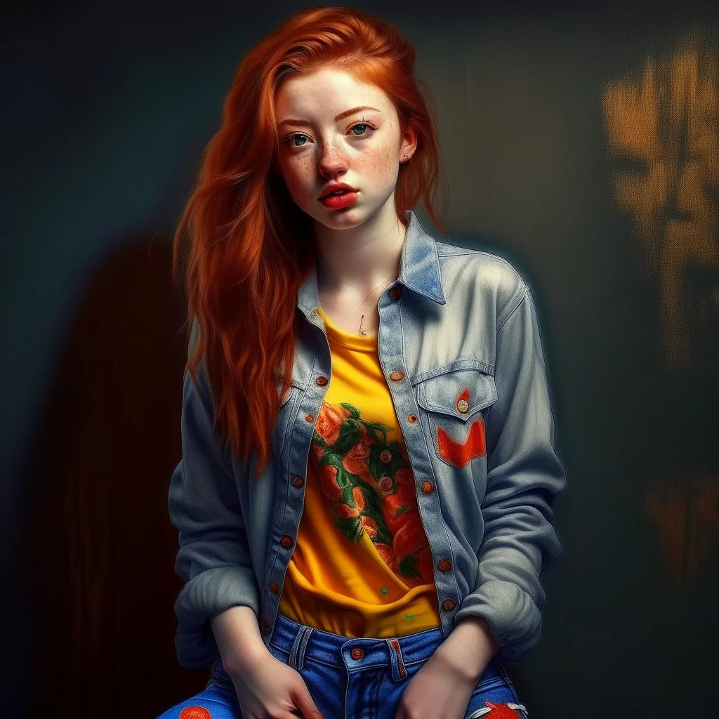 pretty girl, aged 21, ginger, attractive, colourful clothes, realism, jeans