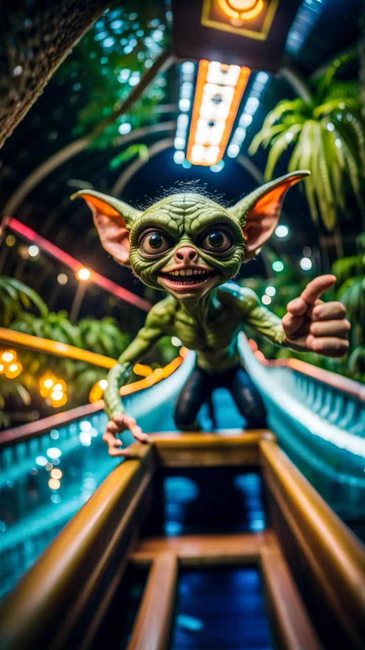 fisheye selfie by furry hairy pimp rocker alien giant gremlin on bridge over water slide magically levitating in dark lit reflective wet jungle hall hotel tunnel,bokeh like f/0.8, tilt-shift lens 8k, high detail, smooth render, down-light, unreal engine, prize winning