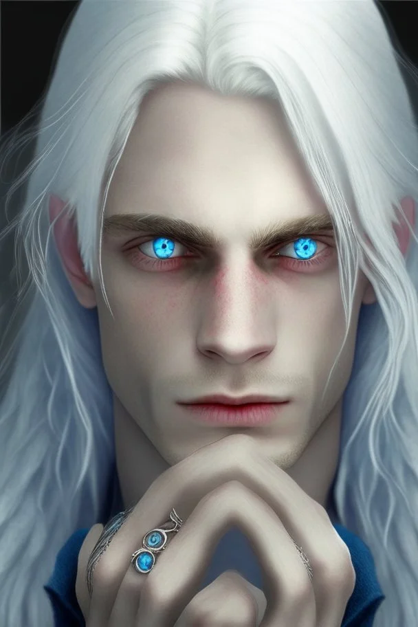 Realistic young man, long white hair covering one eye, blue eye, has rings on his hand, pale skin, slim bit fit