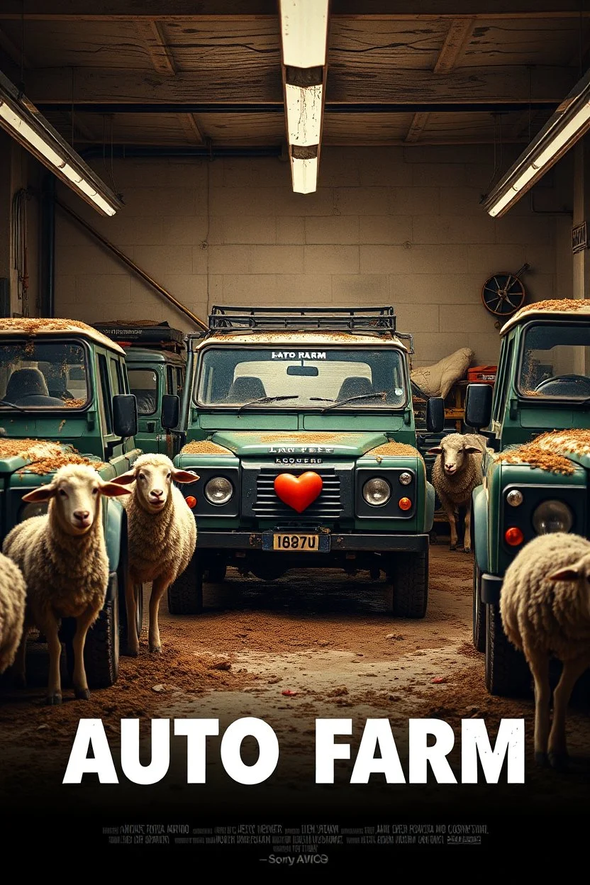 Design an early 2000s-style romantic comedy movie poster titled 'Auto Farm.' Create a whimsical, low-resolution 'CCTV footage' using an old 80s Sony camera. Depict a quirky, clandestine garage where humorous and unexpected events unfold. Surround the scene with charming, mud-splattered Land Rovers, while playful sheep with human arms and mischievous expressions roam around. Add a light-hearted atmosphere with soft shadows and a sense of romantic adventure. Include elements like heart-shaped tool