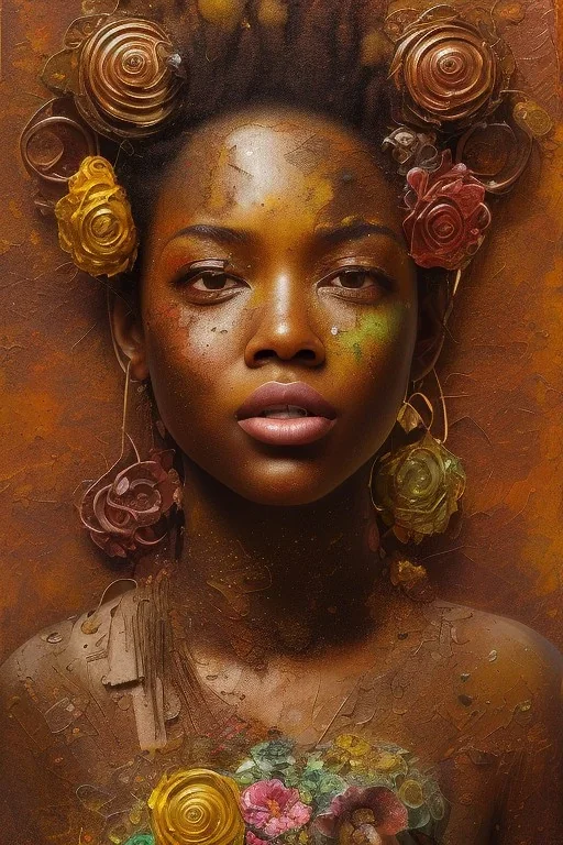 an abstract painting of rusted metal and flowers, african portrait, rust, scaffolding, iron cladding, decay, mixed media, textured, anatomically correct, beautiful perfect face, sharp focus, highly detailed