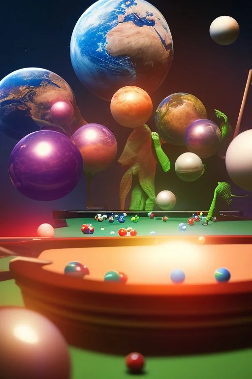 Aliens playing pool with the balls being planets. The main ball is planet earth. High resolution, 3d render and 8k