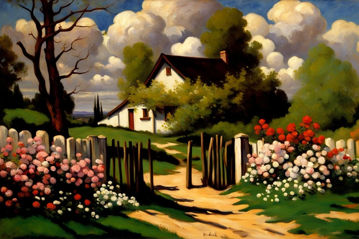 Clouds, cabin, spring trees, little pathway, fence, flowers, frederic bazille impressionisn painting