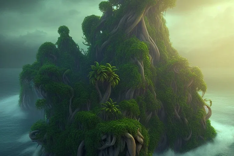 epic matte painting of misty tropical jungle island on stormy ocean, very lush, organic, vines, realistic shaded volumetric lighting, volumetric clouds, ecosystem, ancient, reflective water, intricate, fires, volumetric waves, smoke, randomly placed ground fog, spume, small minutiae, detailed roots, spindrift, tiny features, flowers, ripples, particulars, sharp lines, digital art, 8k, uhd, perspective ground level camera view, ambient occlusion, sunlight caustics, colorful, design by sam curry !