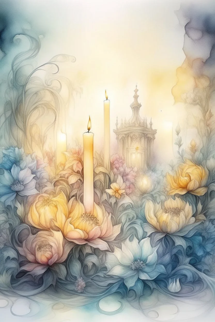 magic Watercolor, color, flowers, candles, purification from ghosts, subtle black ink drawing, several landscapes, collage, fog, many details,delicate sensuality, realistic, high quality,3d, work of art, hyperdetalization, professionally, filigree, hazy haze, hyperrealism, professionally, transparent, delicate pastel tones, backlight from behind, contrast, fantastic, fabulous, unreal, translucent, glowing,clear lines, horror,epic, hyperrealism.