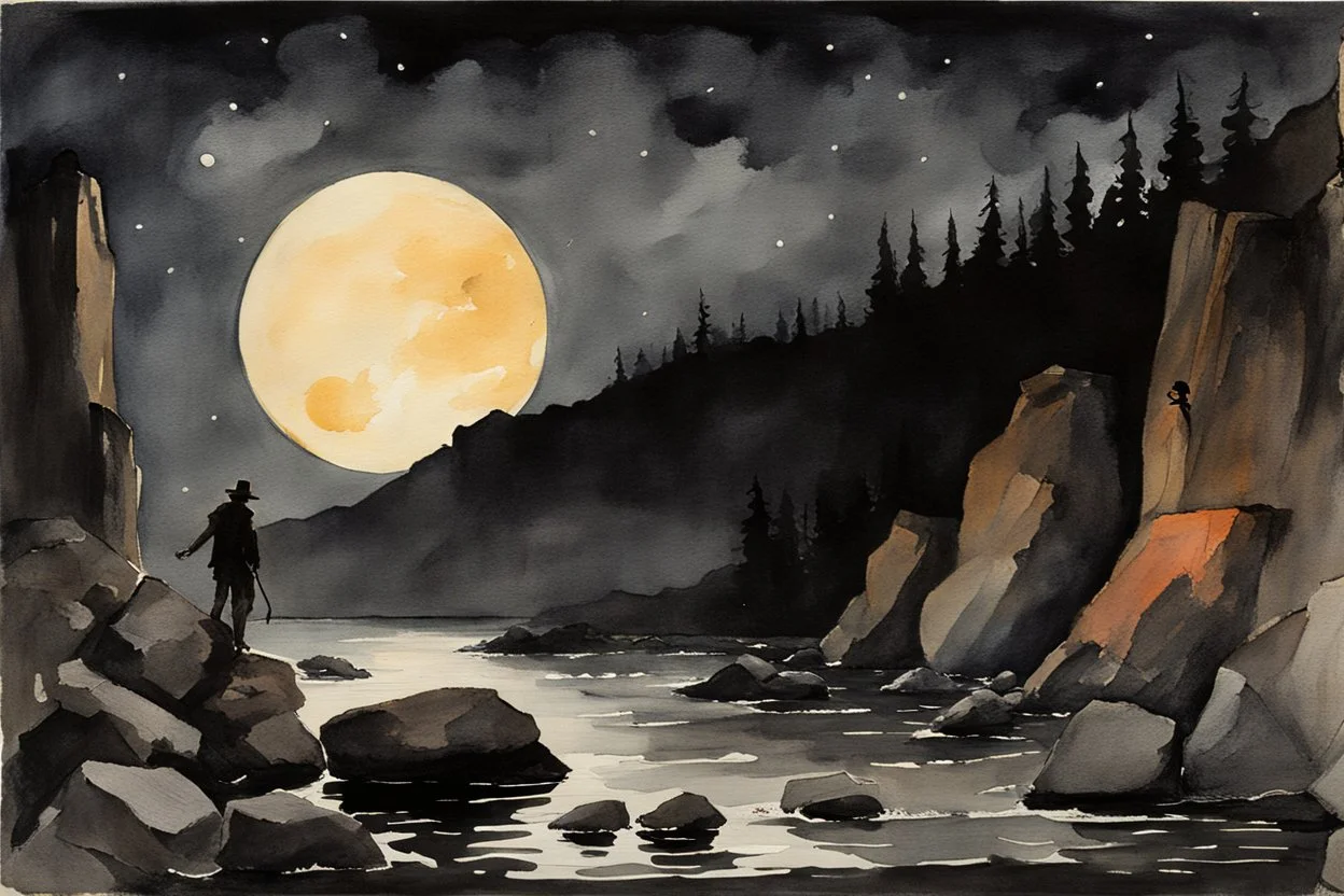 Night, mountains, rocks, gothic horror films influence, fantasy, winslow homer watercolor paintings