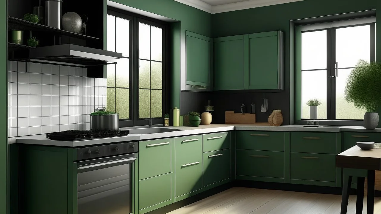 kitchen with celadon and dark green furniture, on the left side by the window from the bottom up, a microwave and an oven installed in the furniture, and on the right side and next to it an induction hob and a cooker hood above it, on the right side there is a sink and a dishwasher underneath it