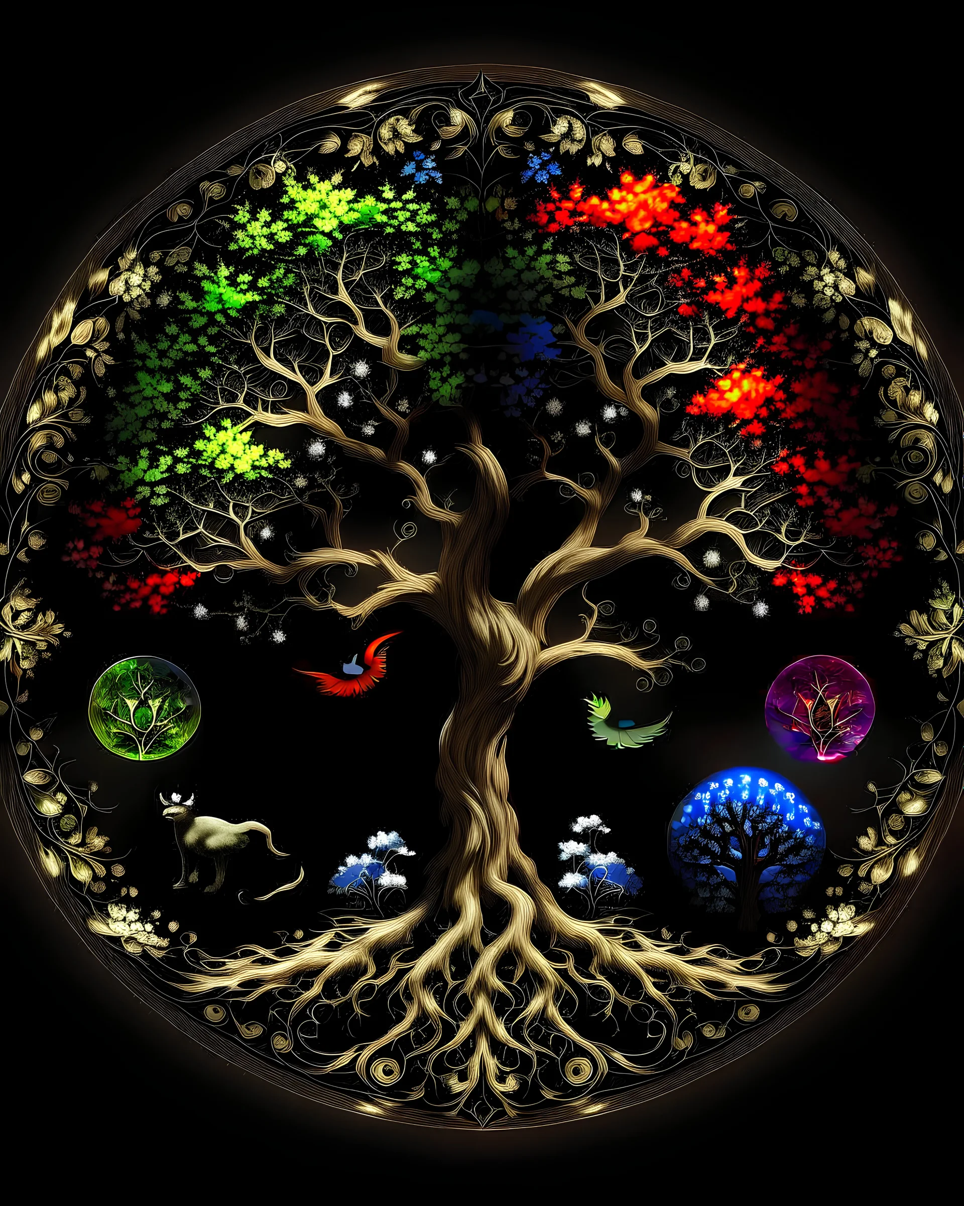 The tree of life consists of four seasons: spring, summer, autumn, winter, light, time, darkness, star, moon, sun, yang-ying, water, wind, soil, fire, love, blue magic mushroom, and lion symbol.