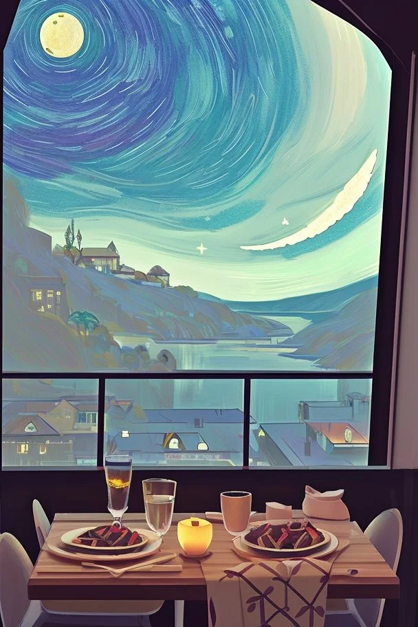 It's a starry night, with a luminous crescent moon, and from the balcony of an elegant luxury apartment, a view of a city with a hill and a river, lights in the windows of the houses. On the balcony, a dining table with a tray with a bird pattern, pizza and wine in starlight