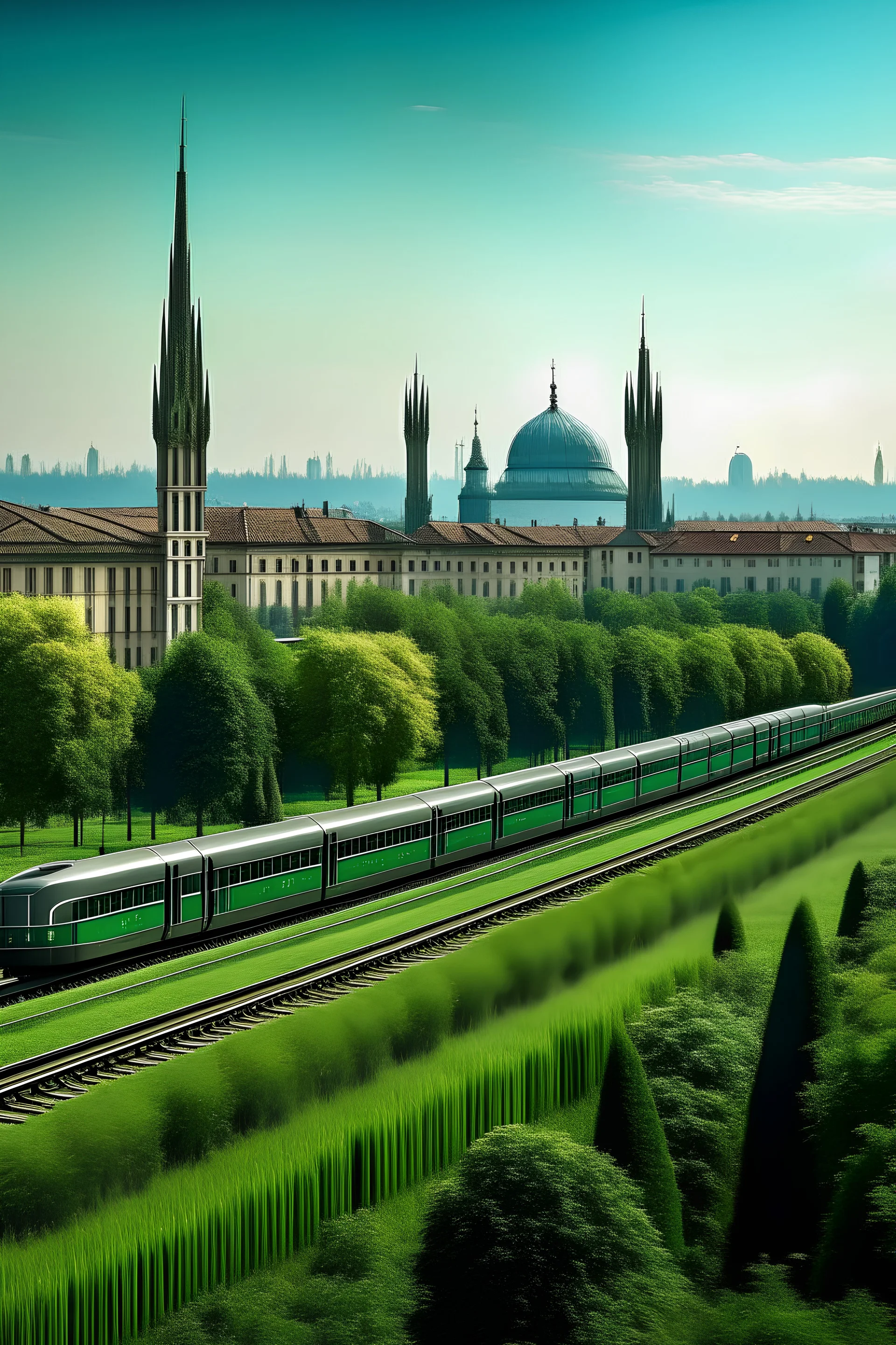 L'immagine di sfondo mostra un treno moderno e lussuoso in movimento su rotaie eleganti, con il magnifico skyline di Milano sullo sfondo e il verde lussureggiante del Parco di Monza sul lato opposto. La scena è baciata dalla luce dorata del tramonto, creando un'atmosfera suggestiva e invitante.