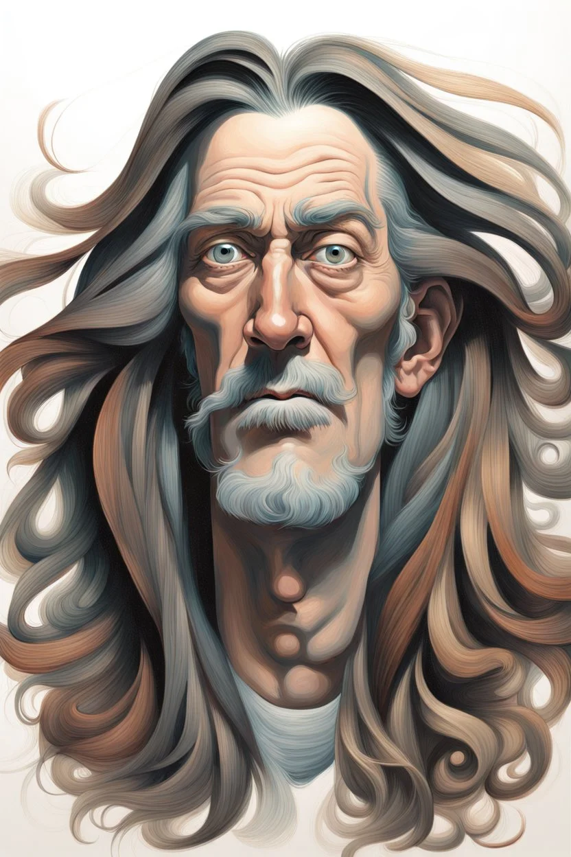 This image depicts a lifelike caricature of a man with long hair. The man is the central figure in the picture, taking up most of the space, with his features and hair color against a white background. The image has an artistic style that leans toward abstraction, making it an interesting piece of art. The man's face is one of the most dominant aspects of this image. His facial features are emphasized, and a lot of character is shown, which is typical of anime drawings. This photo doesn't h