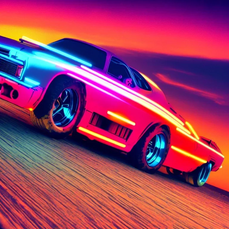 art deco, cyberpunk, neon muscle car, desert road, sunset, full colour, hd,