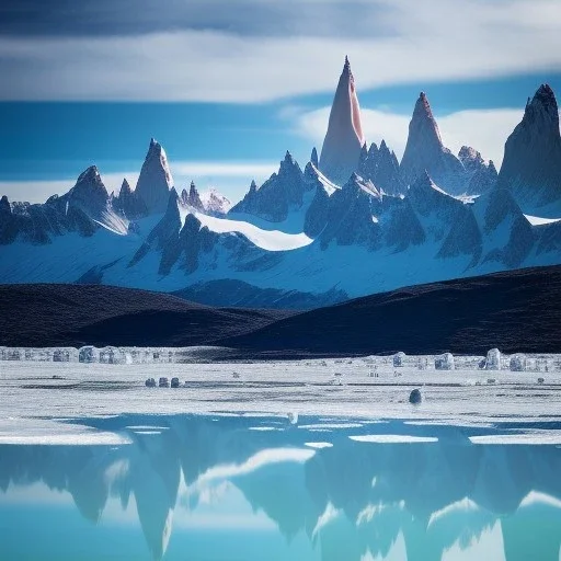 Beyaz buzların kapladığı Patagonian gölleri,ultra gerçeklik, doğal ışıklandırma, penguenler