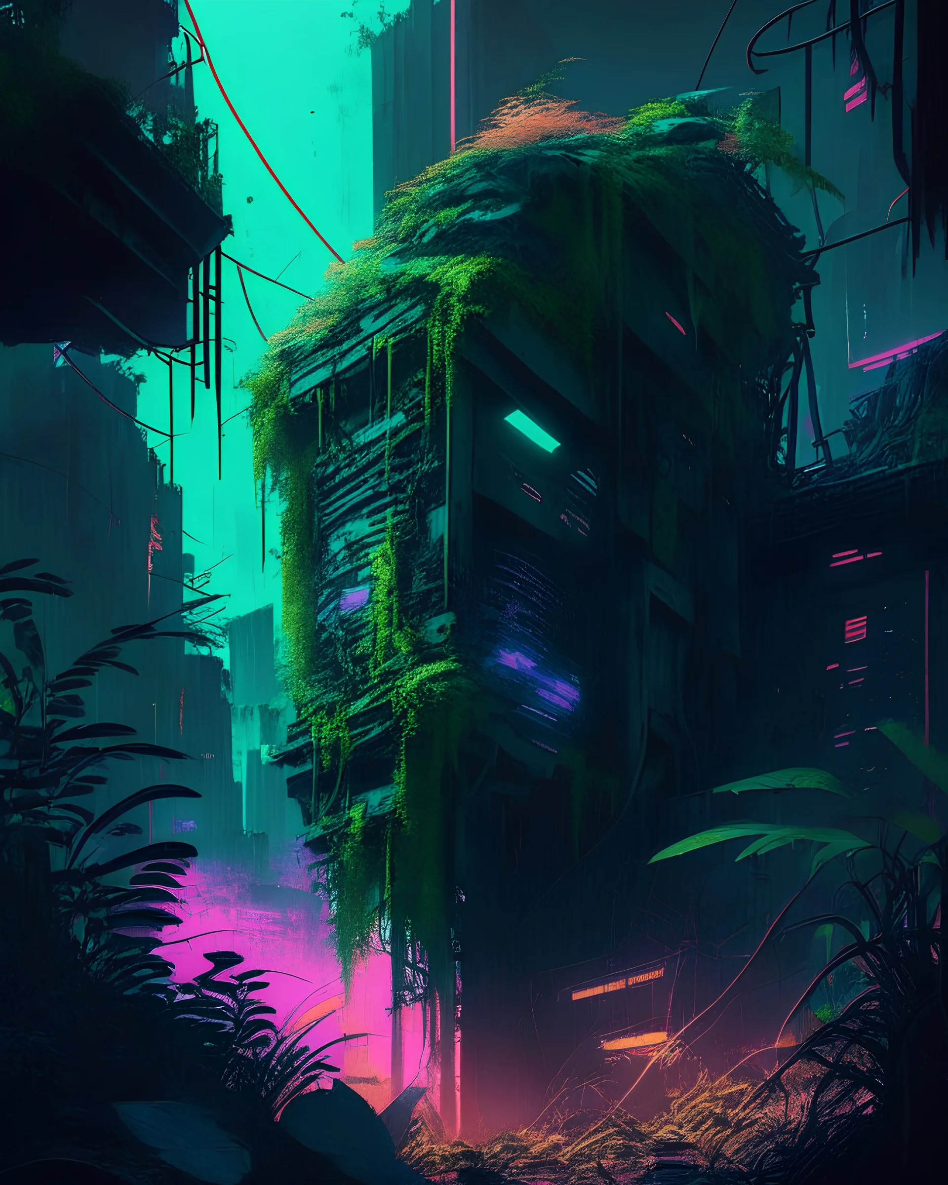 A chaotic, dystopian cityscape, where overgrown vegetation and crumbling architecture contrast with the bright, neon lights of a technologically advanced society.