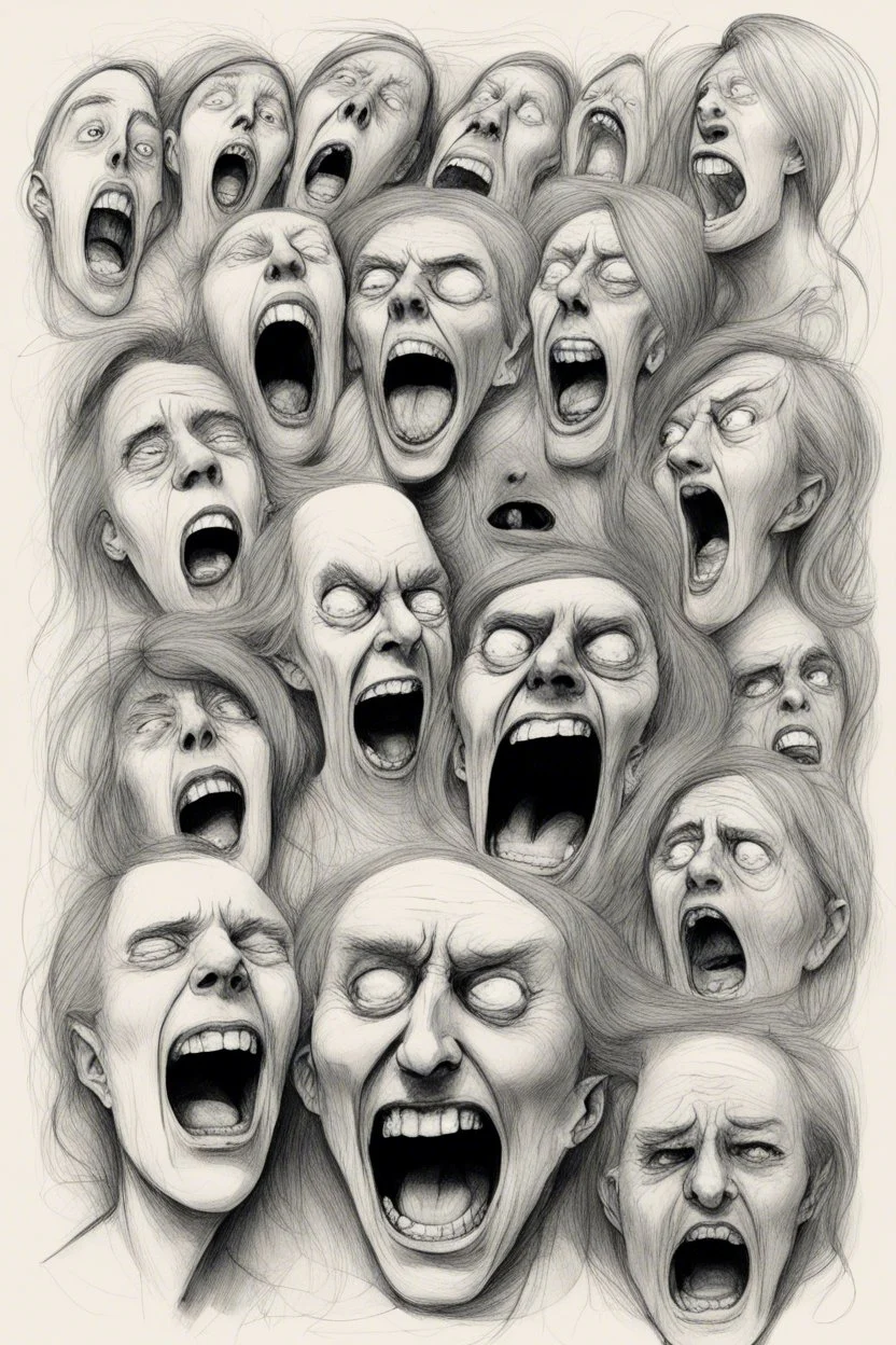 sketch line, rought, of many faces on a pages, screaming and sad, demented, mad, journal
