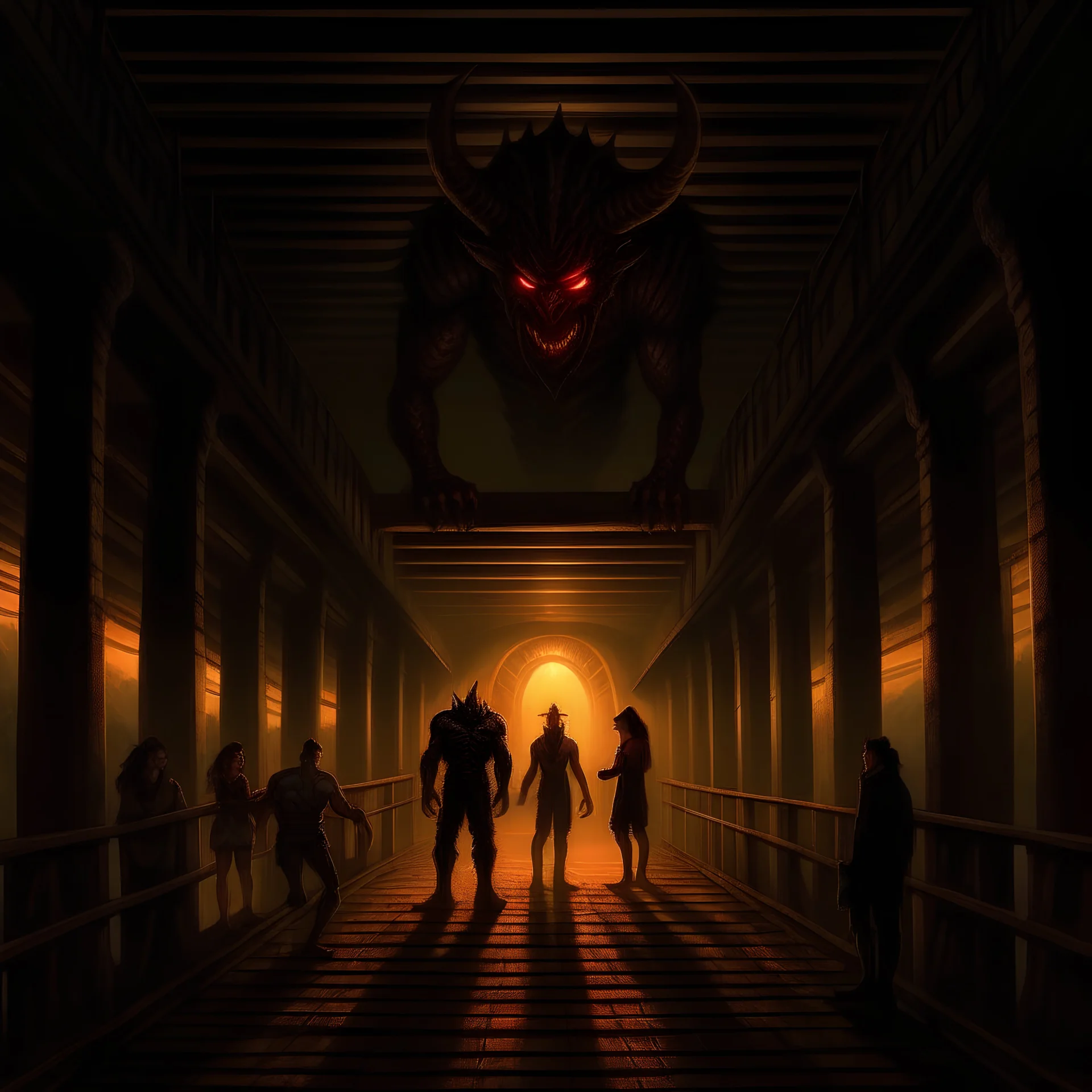 4 demons lurking in the shadows under a bridge, giant demon standing on a bridge, digital artwork