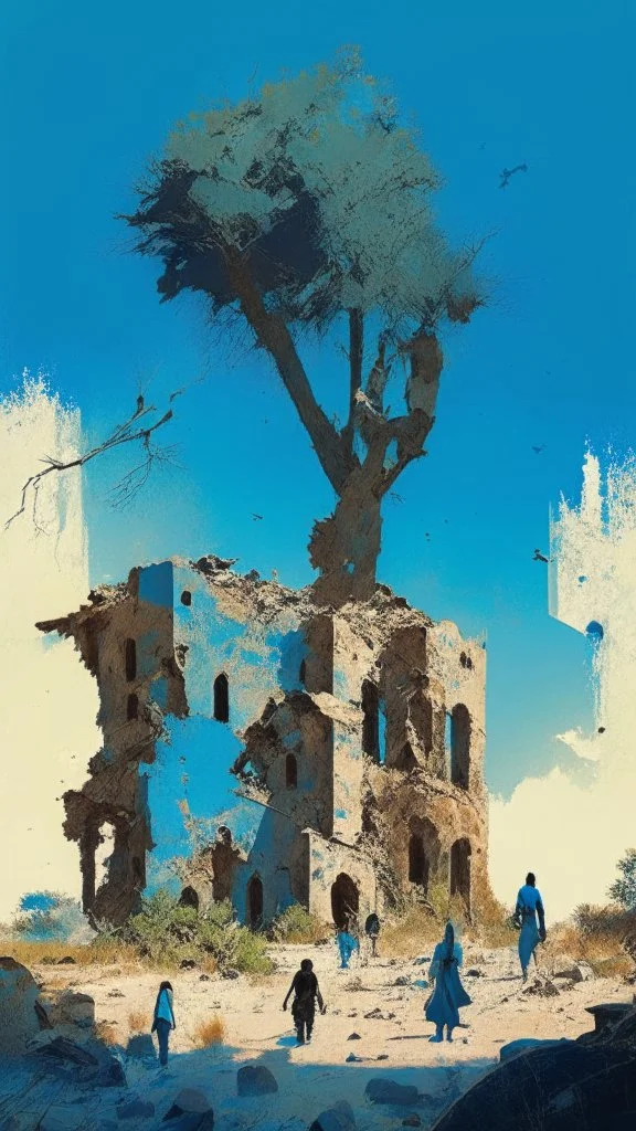 ruined buildings with people and blue sky and trees and rocks