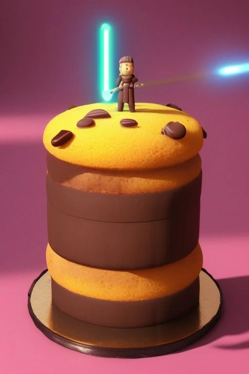 sponge cake filled with chocolate topped with a marzipan Jedi holding a lightsaber