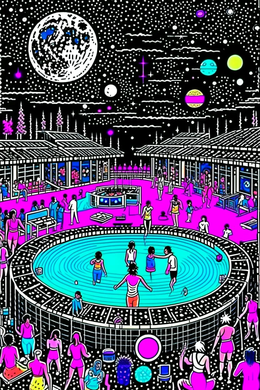 techno rave party in 80's with dj and swimming pool on the moon full