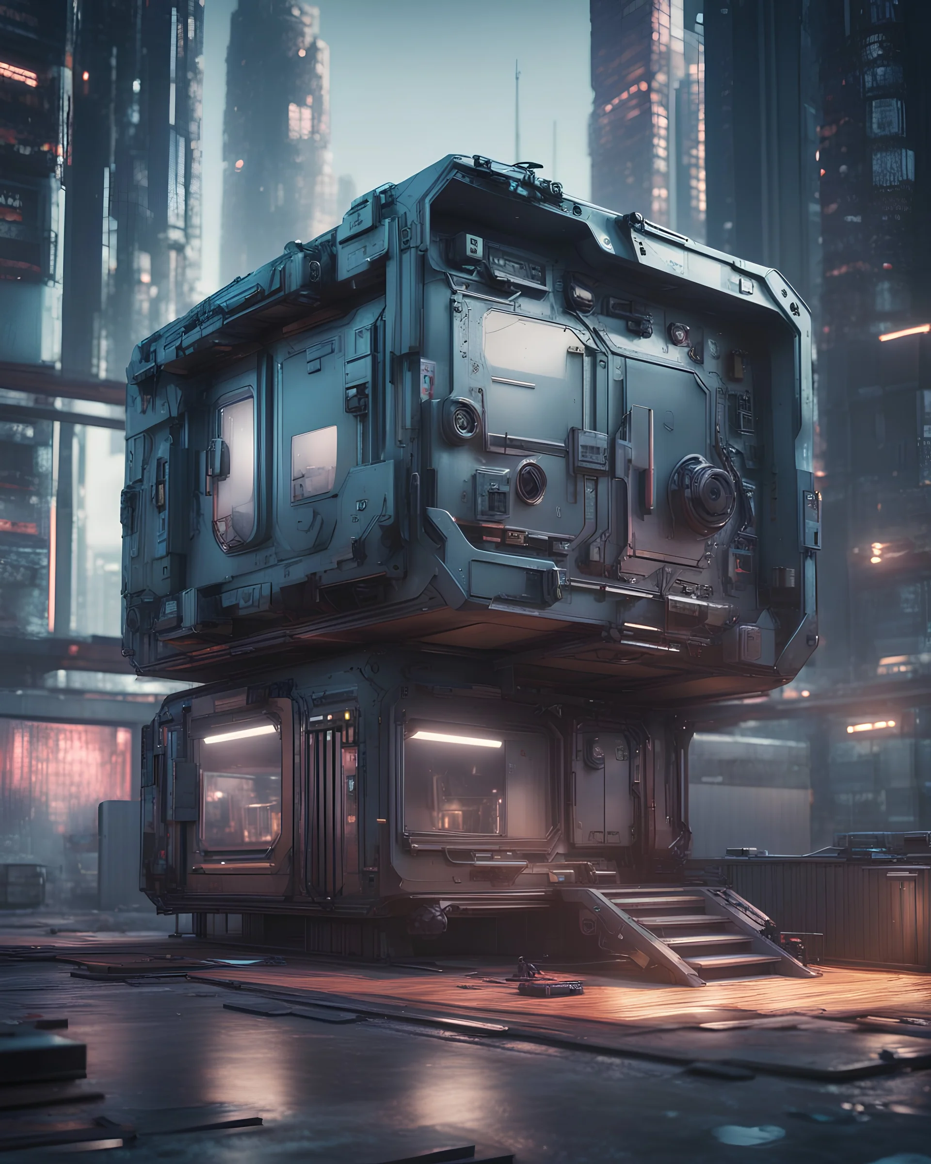 Cyberpunk Futuristic Container house, 3d render, vray, uhd, detailed, hdr, 8k, photorealistic, dramatic lighting, hawken graphic design abstract 3d hitech technological HAWKEN photorealistic uhd 8k VRAY highly detailed HDR