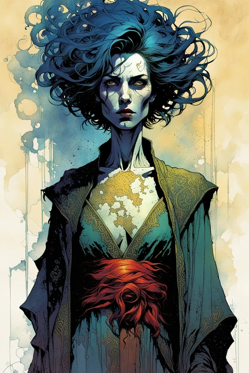 create a wildly imaginative full body portrait of an ethereal, otherworldly , gnarled and emaciated ancient antediluvian female vampire sorceress with extremely short hair in ragged , decayed ornate robes , in the comic book art style of Bill Sienkiewicz, Mike Mignola, and Jean Giraud Moebius, with highly detailed feminine facial features , finely drawn, colored and inked,