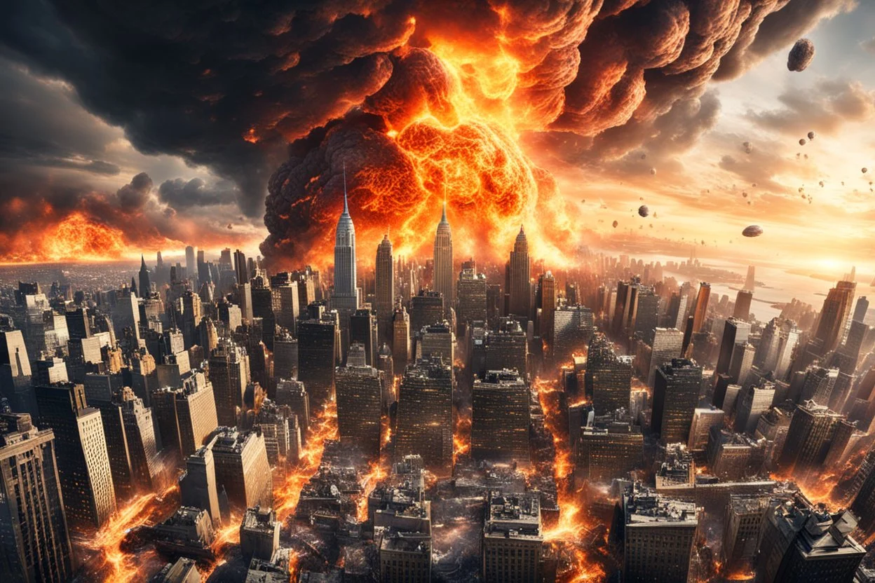 create a wildly imaginative otherworldly, chaotic total destruction of New York City amidst a swirling firestorm from a super massive asteroid impact, highly detailed, digital composite, 8k,