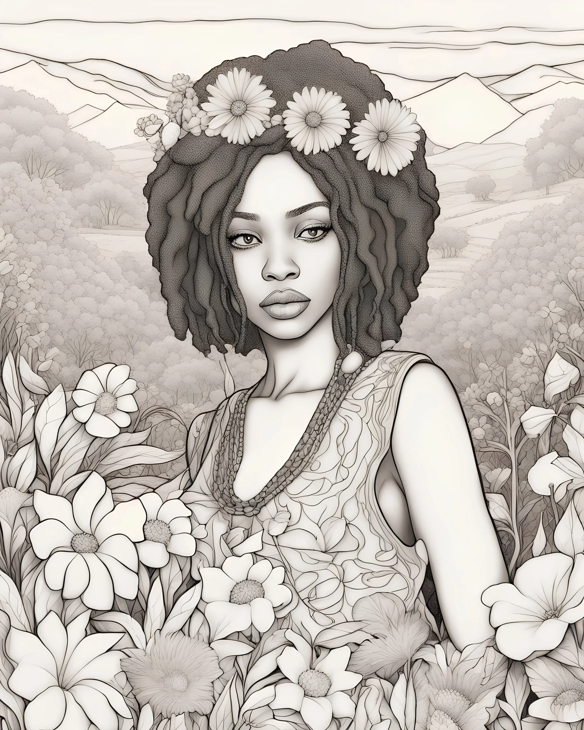 a coloring page in the outline ink style: the close-up face of an adult africaan girl surrounded by flowers, leaning towards the viewer, with a natural landscape in the background. In the style of Tim Burton, black graphic outlines, no shadows and clear and well outlined, gradients, in a rough style