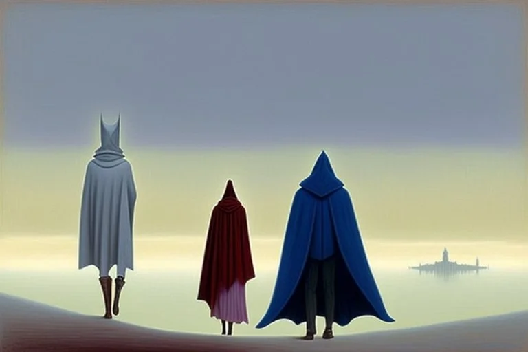 two people in capes and hoods seen from behind walking side by side in an empty foggy plain, above there is blue sky by artist "Leonora Carrington",by artist "Christian Schloe",by artist "Kay Sage"