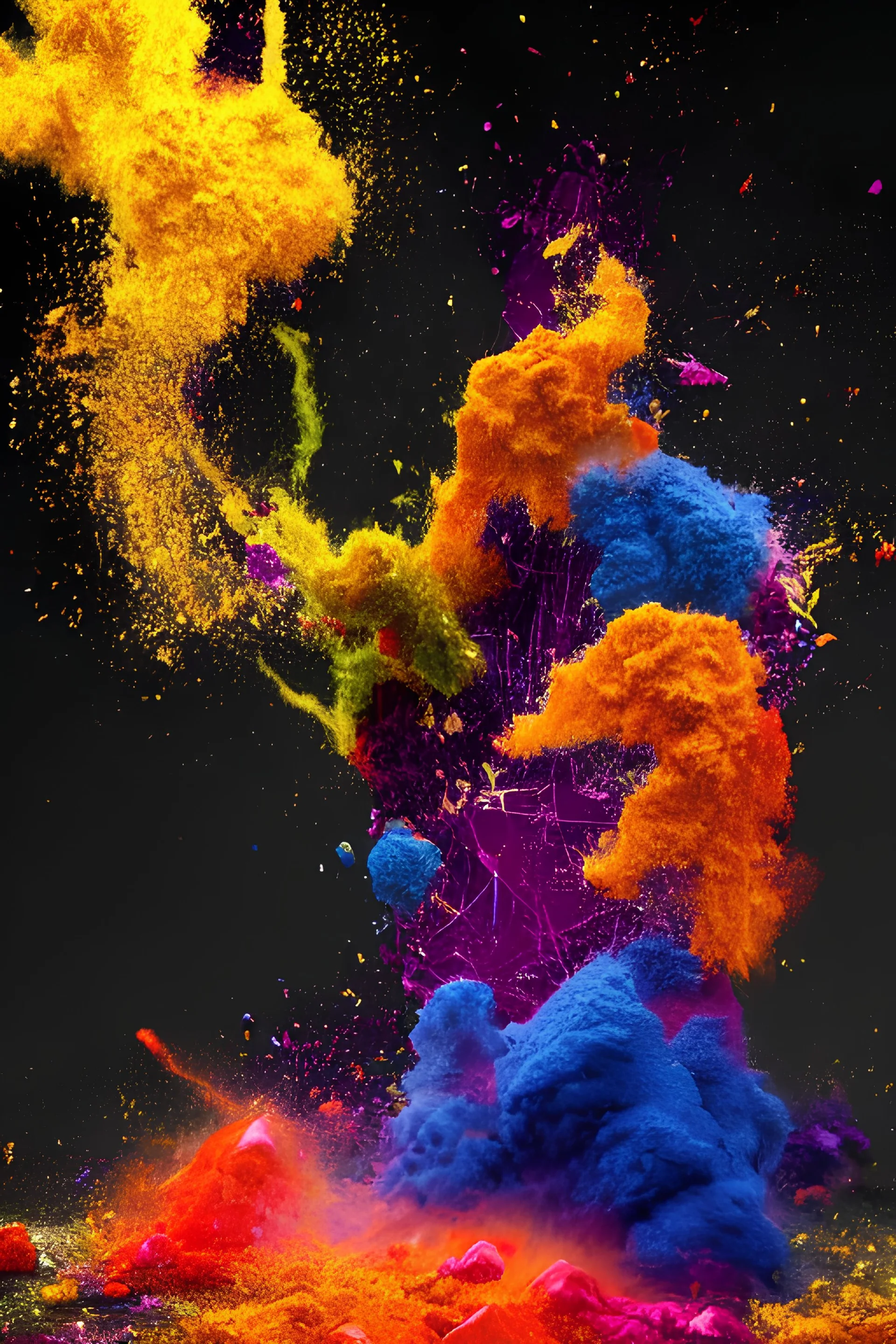 color powder explosion on black background, particles, fine detail, hyperrealism, james jean and jackson pollock and damien hirst, golden ratio, fractal, sharp focus, octane render, artstation, vfx