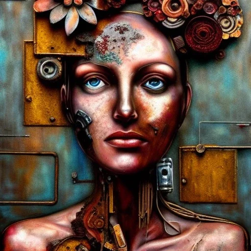 an abstract painting oil in canvas of rusted metal and flowers of busty female Cyborg, rust, scaffolding, iron cladding, decay, mixed media, textured, anatomically correct, beautiful perfect face, sharp focus, highly detailed, masterpiece, realistic, intricate detail, sci-fi fantasy style, volumetric lighting, particles, highly detailed ,cinamatic , deep colours, 8k, by Leonardo da Vinci , signed YAK