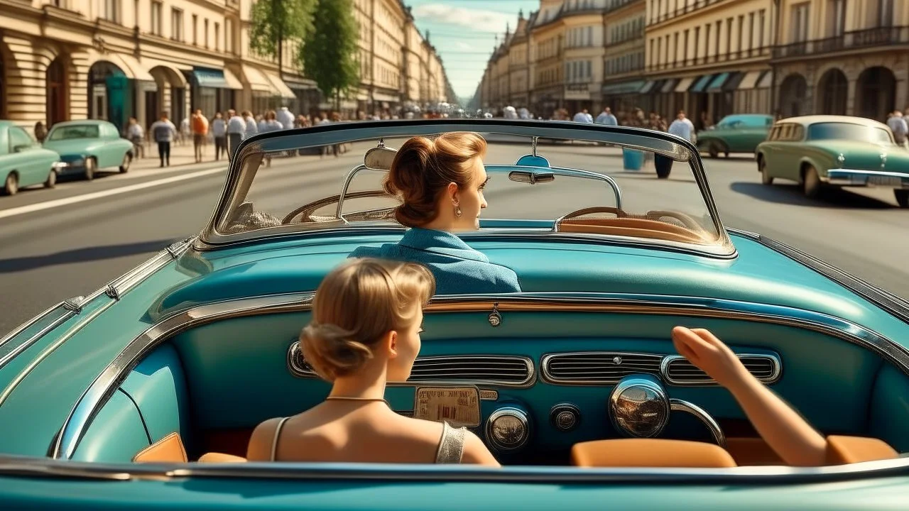 A woman in the foreground seen from the back seat is sitting behind the wheel of a vintage convertible car, looking through the windshield at a busy street scene of an old European city with people and buildings in the background