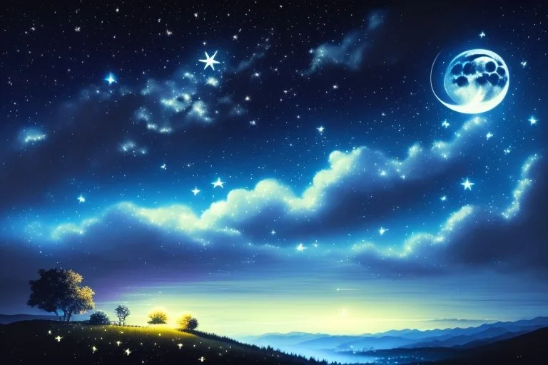 landscape of night sky, stars, shinning moon, over to many clouds.