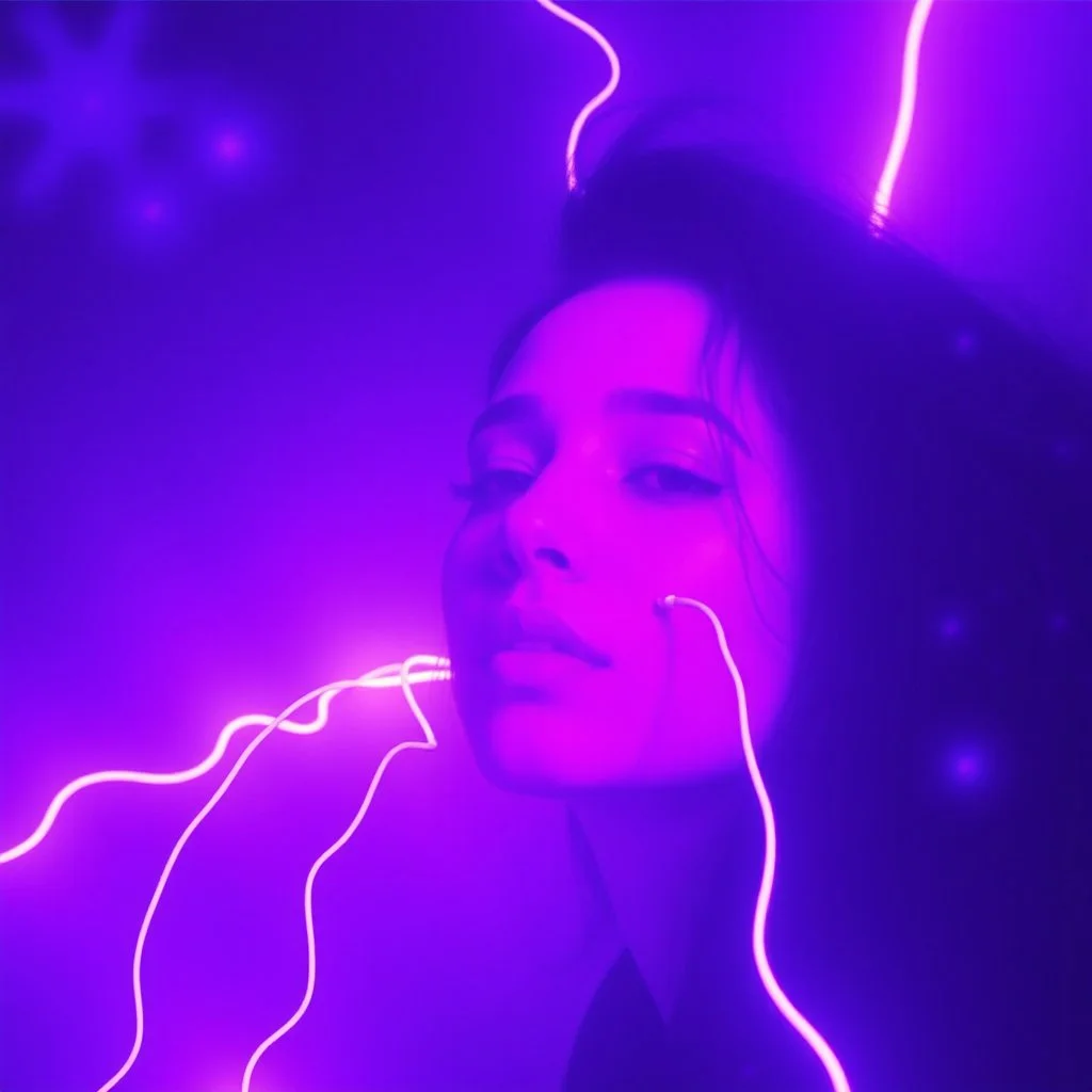 electropop music album cover, with purples, blues and white, light themed, sky, soul.