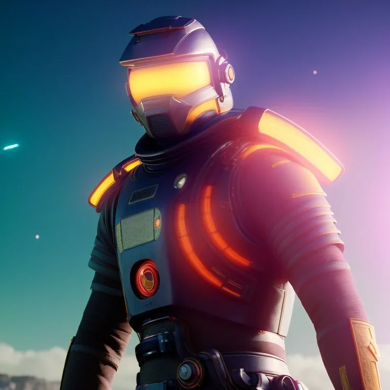 portrait, eternal samurai fusion space suit, floating in space, sun burning bright in background, neon light, 8k, 3d, blender