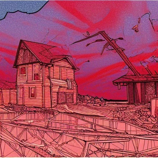  line Art coloured, destroyed, post apocalyptic, darkred tones,