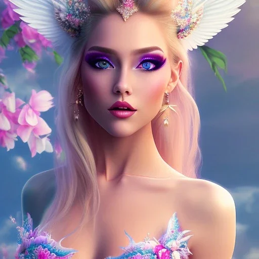 jolie danseuse avec longs cheveux blonds - souriante et beau corps bien formé , beaux yeux bleus - grandes ailes roses , ciel bleu, fleurs roses et blanches. robe en soie jolies dents, jolis yeux bleus