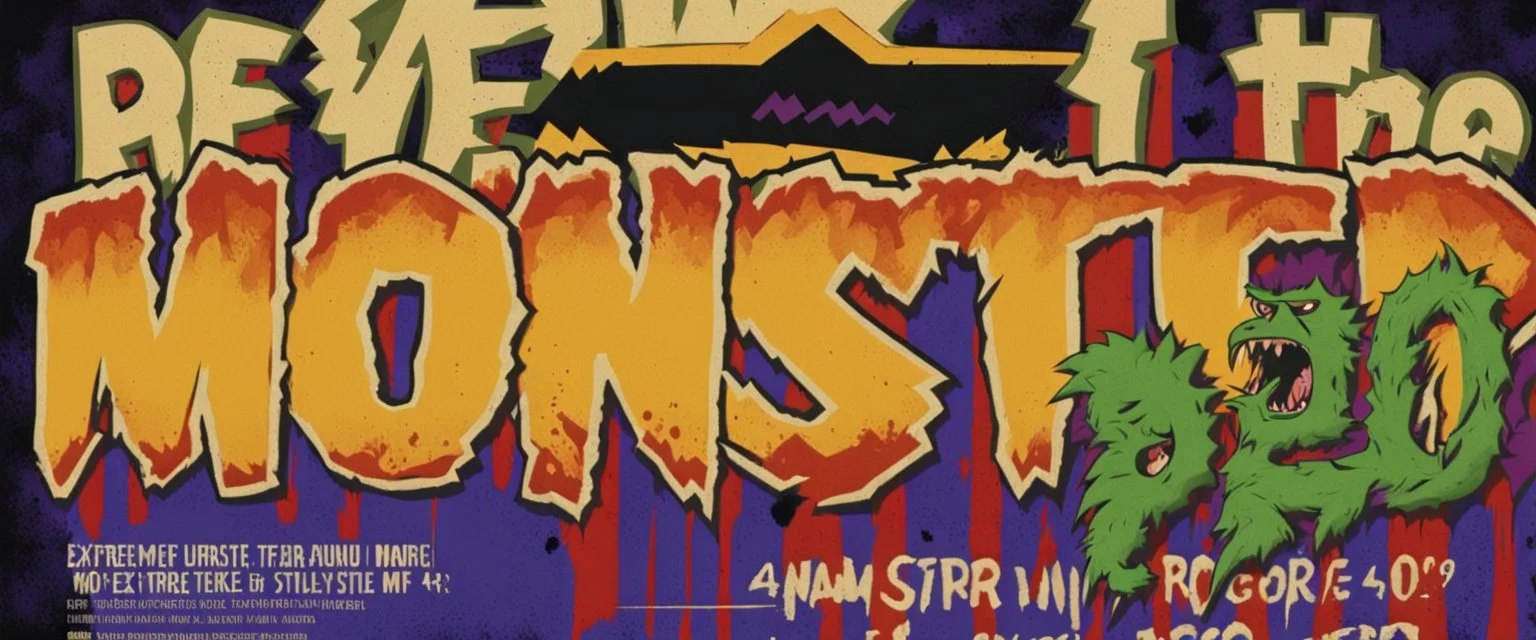 monster more angry and more 90s style, angry fast, extreme, wild, so so angry, red and purple background with 90s style slashes, 45 degree angle, ferce,