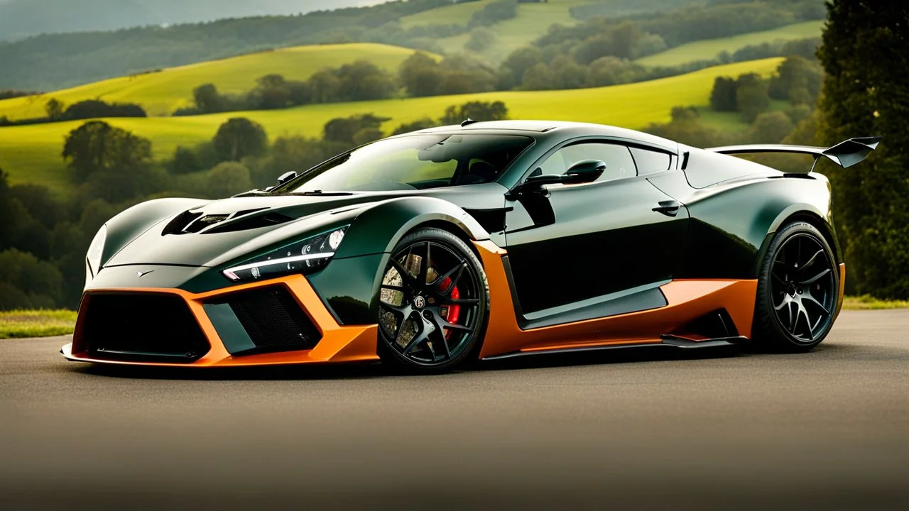 A (((Zenvo ST1 Super Tuned spoiler and bodykit))) with its sleek,, featuring a bold, menacing grille and powerful lines, evoking a harmonious balance between sophistication and muscle, against a backdrop of verdant hills at noon, ideal for a dynamic desktop wallpaper